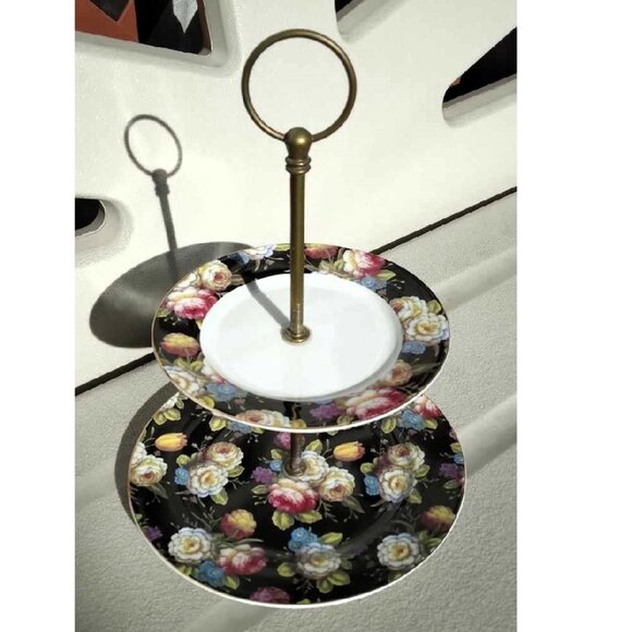 Lovely Grace Teaware Baroque Spring Floral Gold Rim 2-Tier Serving Plate - Picture 1 of 10